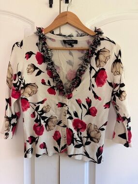 White House Black Market White Floral Button-Front Cardigan with Pink Accents